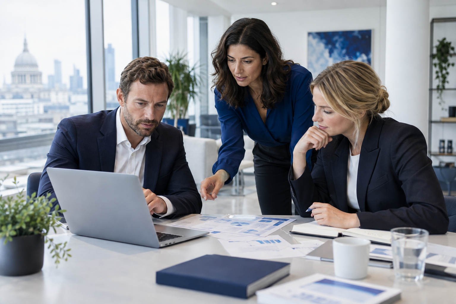 Business team reviewing market intelligence together